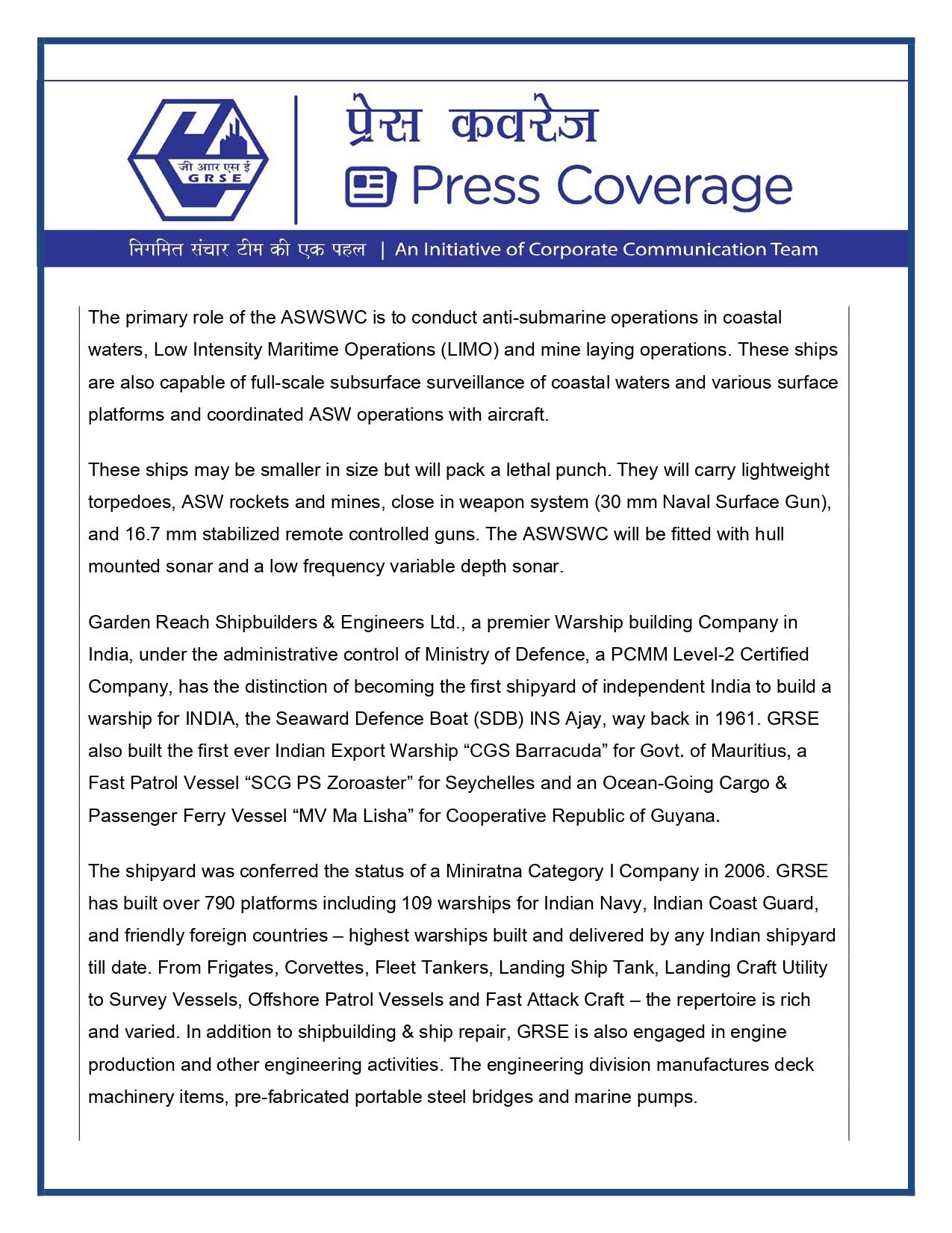 Press Coverage : Raksha Anirveda, 10 May 24 : GRSE Lays Keel of the Last in Series (Yard 3034) of Eight ASWSWCs